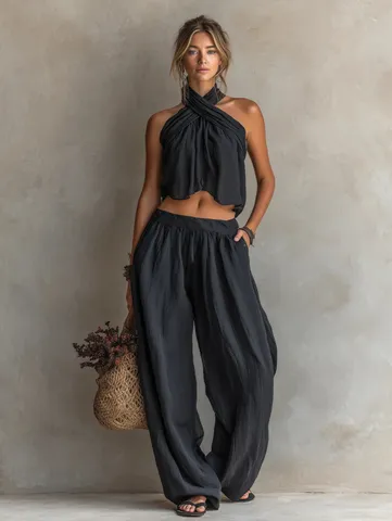 Donne Casual Halter Schiena Scoperta Senza Maniche Top E Vita Alta Gamba Larga Pantaloni Tasche Estate Moda Set