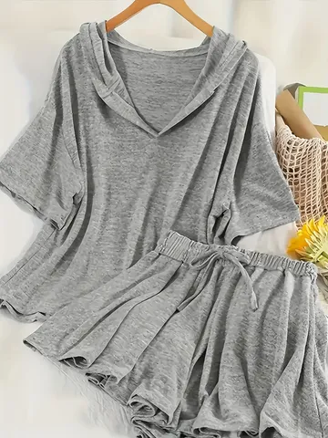 Women's Casual Hooded Short Sleeve Top And Shorts Set Loose Plus Size Summer Two Piece Outfit