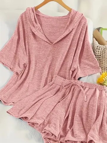 Women's Casual Hooded Short Sleeve Top And Shorts Set Loose Plus Size Summer Two Piece Outfit