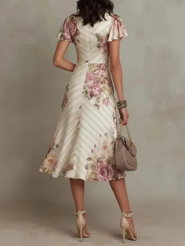 Abito Lungo Donna Elegante Scollo a V Manica Corta Volant Stampa Floreale Linea A Raso Vestibilita Slim Casual