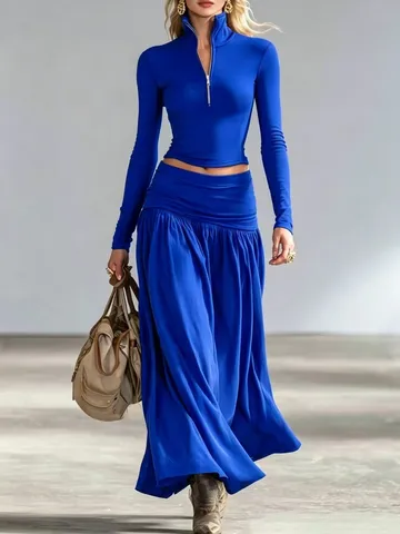 Donna Elegante Autunno Inverno Manica Lunga Collo Coreana Top E Gonna Lunga Plissettata A Vita Bassa Set Moda