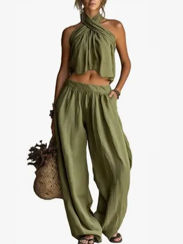 Donne Casual Halter Schiena Scoperta Senza Maniche Top E Vita Alta Gamba Larga Pantaloni Tasche Estate Moda Set