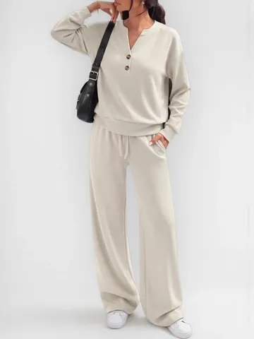 Donne Casual Tinta Unita Manica Lunga Scollo a V Bottoni Top E Vita Alta Gambe Sarghe Pantaloni Larghi Sportivi Set