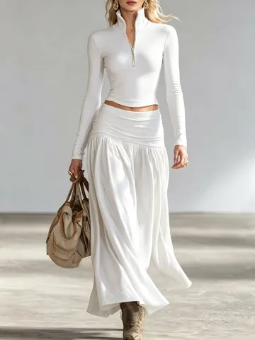 Donna Elegante Autunno Inverno Manica Lunga Collo Coreana Top E Gonna Lunga Plissettata A Vita Bassa Set Moda