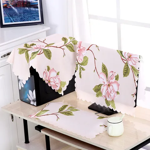 Minimalist Computer Dust Cover Set Peony Floral Fabric Monitor Host Keyboard Protector Office Home Decor