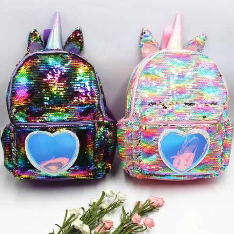 Cute Unicorn Mermaid Sequin Backpack For Girls Large Capacity Holographic Heart Student School Bag Kids Travel Daypack