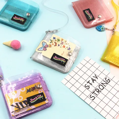 Korean Ins Style Transparent PVC Glitter Foldable Wallet With Lanyard Blingbling Mini ID Card Holder Neck Purse For Women Girls