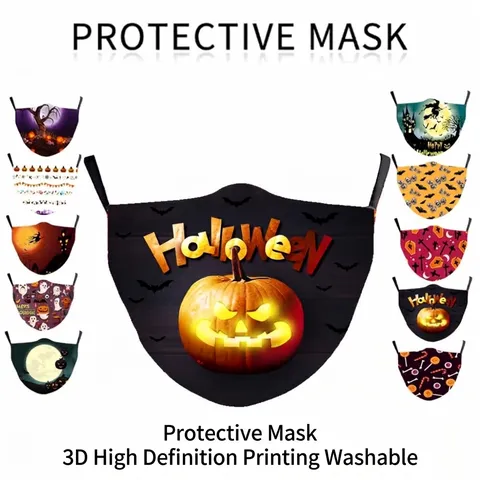 Mascarilla de Halloween Lavable de Algodón Antipolvo para Adultos Impresión 3D Calabaza Murciélago Fantasma Patrones Festivos