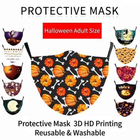 Mascarilla de Halloween Lavable de Algodón Antipolvo para Adultos Impresión 3D Calabaza Murciélago Fantasma Patrones Festivos