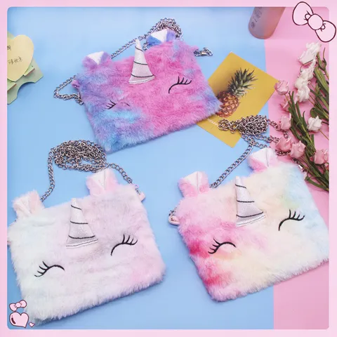 Kids Cartoon Unicorn Plush Crossbody Bag Cute Gradient Color Shoulder Messenger Bag Children Small Purse Wallet Handbag