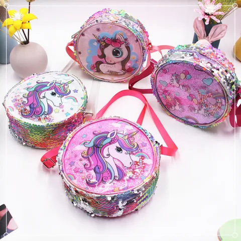 Children Cartoon Unicorn Crossbody Bag Sequin Glitter Rainbow Shoulder Bag Girls Cute Round Messenger Bag