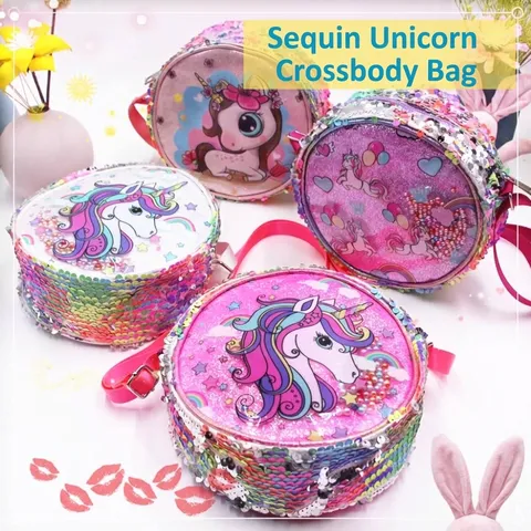 Children Cartoon Unicorn Crossbody Bag Sequin Glitter Rainbow Shoulder Bag Girls Cute Round Messenger Bag