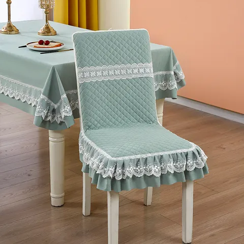 Quilted Chair Cover and Tablecloth Set New Chinese Style Geometric Pattern with Lace Trim Home Dining Room Chair Protector