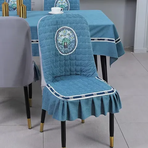 Nordic Style Quilted Velvet Chair Cover And Tablecloth Set Floral Embroidered Elastic Dining Room Table Cover Home Decor