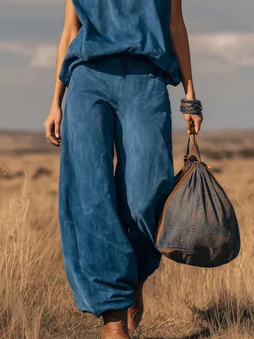 Set Gilet e Pantaloni Larga in camoscio Casual da Donna Vintage Western Senza Maniche Vestito Due Pezzi Tuta in Poliestere Unita