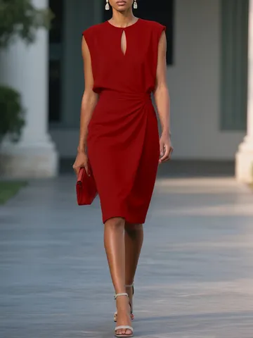 Abito Midi Slim Tinta Unita Senza Maniche Traforato Girocollo Vintage da Donna Abito Elegante da Festa Casual