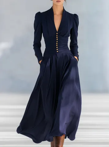 Donna Elegante Scollo a V Manica Lunga Manica a Puffo Plissettato Tinta Unita Raso Vestito Lungo Festa Matrimonio Abito da Sera Formale