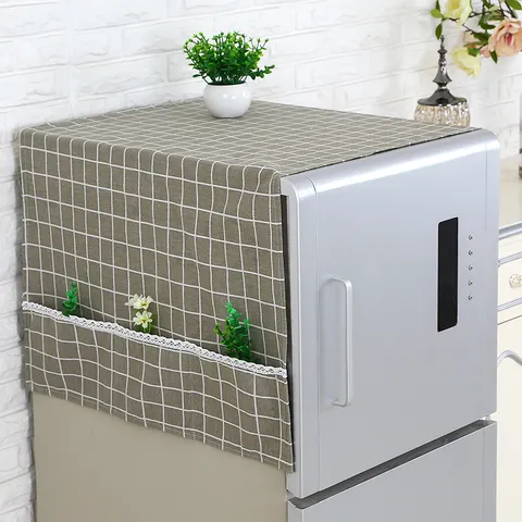 Minimalist Refrigerator Dust Cover With Storage Pockets And Lace Trim Washable Microwave Oven Cover Home Kitchen Decor