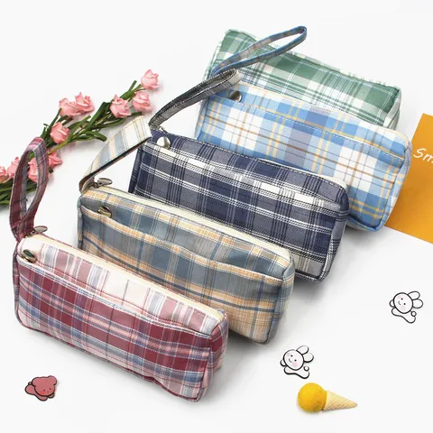 Koreanischer Ins-Stil Kariertes Canvas-Mäppchen Schreibwaren-Aufbewahrungstasche Mit Großer Kapazität Gittermuster Make-Up-Beutel Handheld-Stiftebox