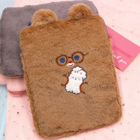 Cute Plush Tablet Sleeve For iPad Protective Laptop Bag Korean Style Cartoon Bear Embroidery Document Pouch For Women Teenagers