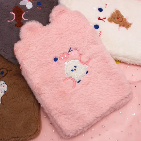 Cute Plush Tablet Sleeve For iPad Protective Laptop Bag Korean Style Cartoon Bear Embroidery Document Pouch For Women Teenagers