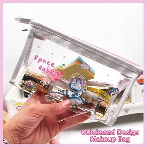 Linda Bolsa de Maquillaje de PVC Transparente Con Estampado de Astronauta Espacial de Dibujos Animados Estuche de Cosméticos Con Arena Movediza Líquida Brillante Organizador