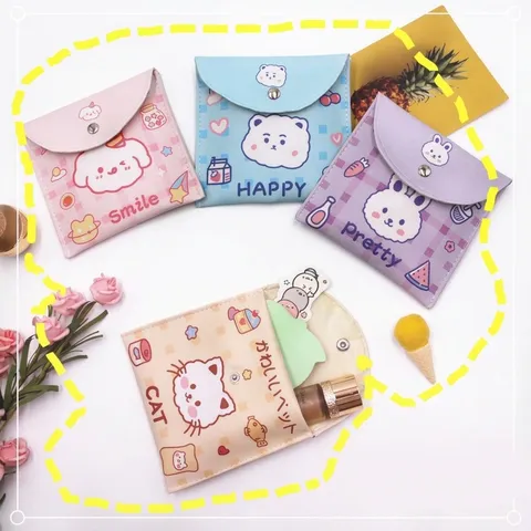 Ins Style Cute Cartoon Animal Printed PU Leather Portable Sanitary Napkin Storage Bag Coin Purse Small Makeup Pouch For Women Girls