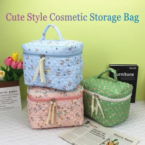 Cute Quilted Polyester Makeup Bag Large Capacity Travel Toiletry Storage Box With Rabbit Print Handheld Organizer For Women