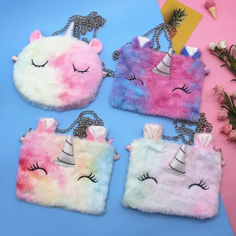 Kids Cartoon Unicorn Plush Crossbody Bag Cute Gradient Color Shoulder Messenger Bag Children Small Purse Wallet Handbag