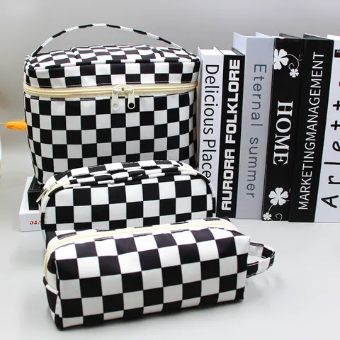 Polyester Checkerboard Cow Print Large Capacity Pencil Case Cosmetic Bag Set Zipper Handheld Makeup Organizer Pouch Storage Bags For Students Travel