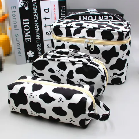 Polyester Checkerboard Cow Print Large Capacity Pencil Case Cosmetic Bag Set Zipper Handheld Makeup Organizer Pouch Storage Bags For Students Travel