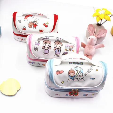 Borsa da Trucco a Doppio Strato Kawaii Astuccio Portatile in Pelle PU di Grande Capacità Cute Cartoon Girl Scatola di Immagazzinaggio per Scuola Viaggi Donna