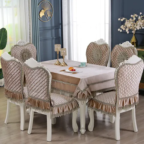 European Style Velvet Dining Chair Cover And Tablecloth Luxury Quilted Embroidered Lace Edge Home Table Decoration Set