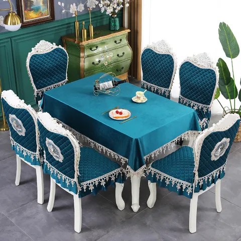 Housse de Chaise et Nappe en Velours Style Européen Ensemble Bordure en Dentelle Antidérapant Décoration de Table de Salle à Manger