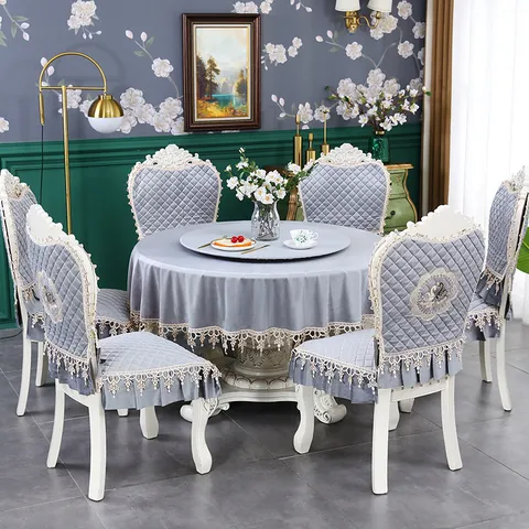 Housse de Chaise et Nappe en Velours Style Européen Ensemble Bordure en Dentelle Antidérapant Décoration de Table de Salle à Manger