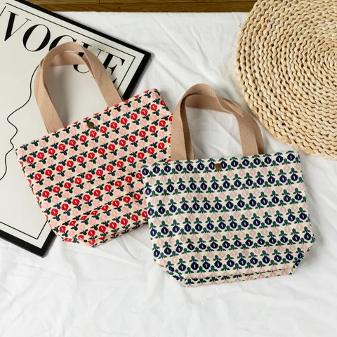 Korean Style Retro Corduroy Handbag Small Tote Bag Casual Commuting Lunch Bento Bag Women Fashion Printed Storage Bag