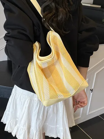 Bolso Tote Rayado Calado para Mujer Gran Capacidad Bolso de Mano de Malla Bolso de Hombro Casual de Vacaciones Playa Diseño de Nicho