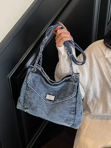 Sac Cabas en Denim Délavé pour Femmes Sac à Main Épaule avec Chaîne Métallique Rétro Fermeture à Loir Sacs de Navette Élégants