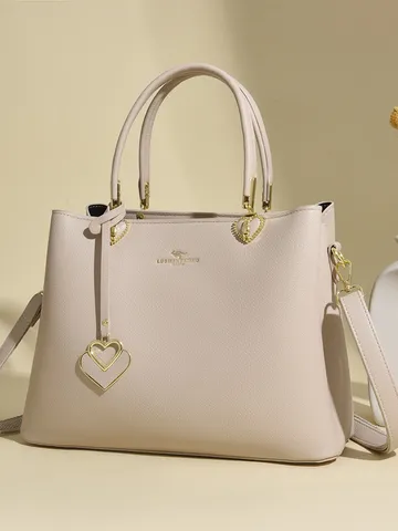 Women PU Leather Tote Bag Large Capacity Shoulder Handbag Casual Top Handle Satchel With Heart Pendant