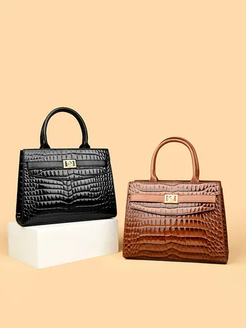 Retro Crocodile Pattern Embossed PU Leather Tote Bag For Women With Leopard Print Details Gold Floral Lock Commuter Handbag