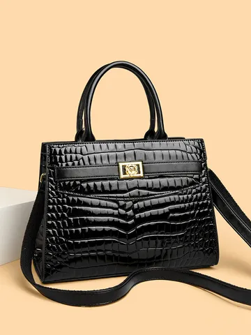 Retro Crocodile Pattern Embossed PU Leather Tote Bag For Women With Leopard Print Details Gold Floral Lock Commuter Handbag