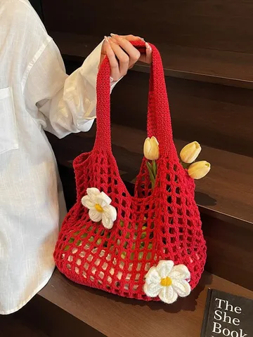 Bolso Tote de Punto para Mujer Calado Tejido Bolso de Hombro Elegante Decoración Floral Bolsa de Compras Casual Playa Mano