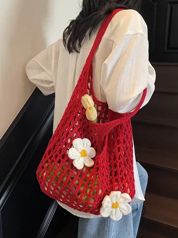 Bolso Tote de Punto para Mujer Calado Tejido Bolso de Hombro Elegante Decoración Floral Bolsa de Compras Casual Playa Mano
