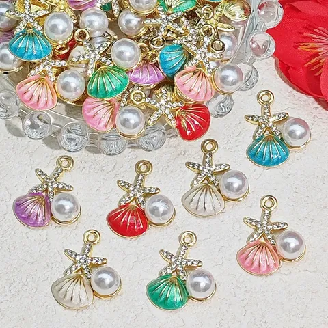Sweet Alloy Enamel Shell Starfish Charms With Rhinestone Artificial Pearl Embellishments For DIY Jewelry Craft Keychains Bags Supplies