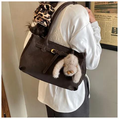 Bolso Tote de Ante para Mujer Gran Capacidad Bolso de Hombro Retro Casual Bolso de Mano Con Sin Colgante Moda