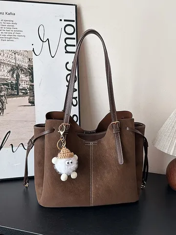 Mujer Gran Capacidad Bolso Tote Cuero PU Casual Commuter Bolso Bandolera Costuras Contraste Bolso Con Colgante