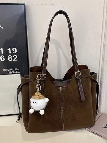 Mujer Gran Capacidad Bolso Tote Cuero PU Casual Commuter Bolso Bandolera Costuras Contraste Bolso Con Colgante