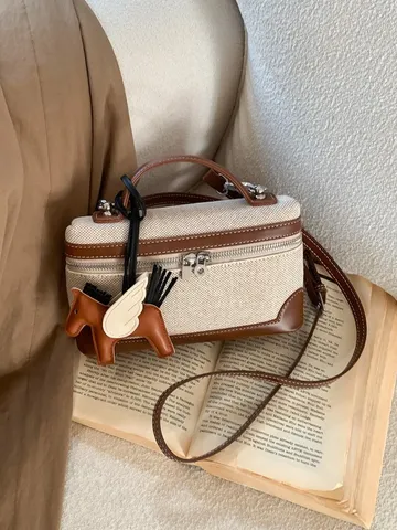 Bolso Bandolera de Lona de Moda Mujer Casual PU Cuero Patchwork Pequeño Bolso Cuadrado Con Colgante