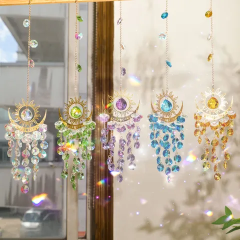 Acchiappasole in Cristallo Campanello Vento Metallo Fiamma Luna Ciondolo Sospeso Prisma Finestra Giardino Decorazione Casa Regalo