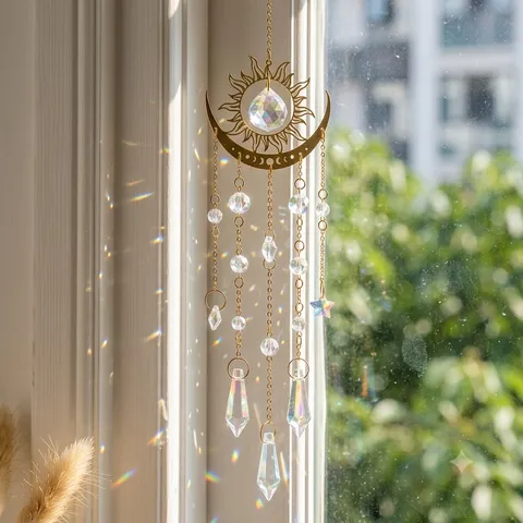 Acchiappasole in Cristallo Campanello Vento Luna Stella Ornamentale Sospeso Creatore Arcobaleno Decorazione Finestra Per Casa Stanza